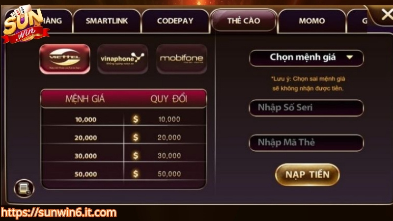 Lưu ý quan trọng trước khi nạp tiền tại Sunwin
